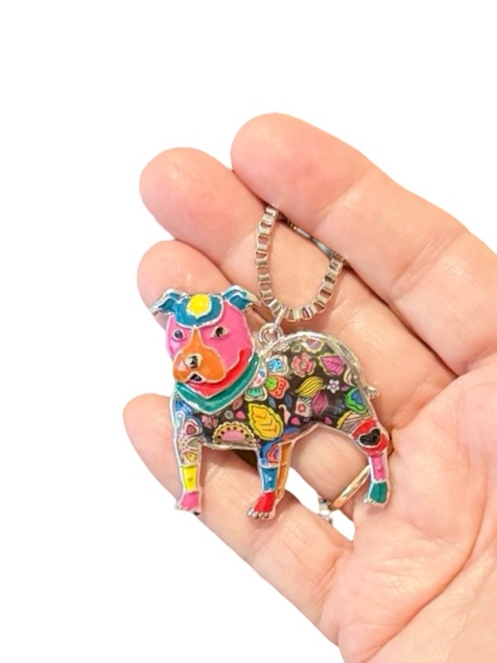 Metal Pit Bull Pendant Adjustable Necklace with Multicolor Enamel Accents - Picture 5 of 7